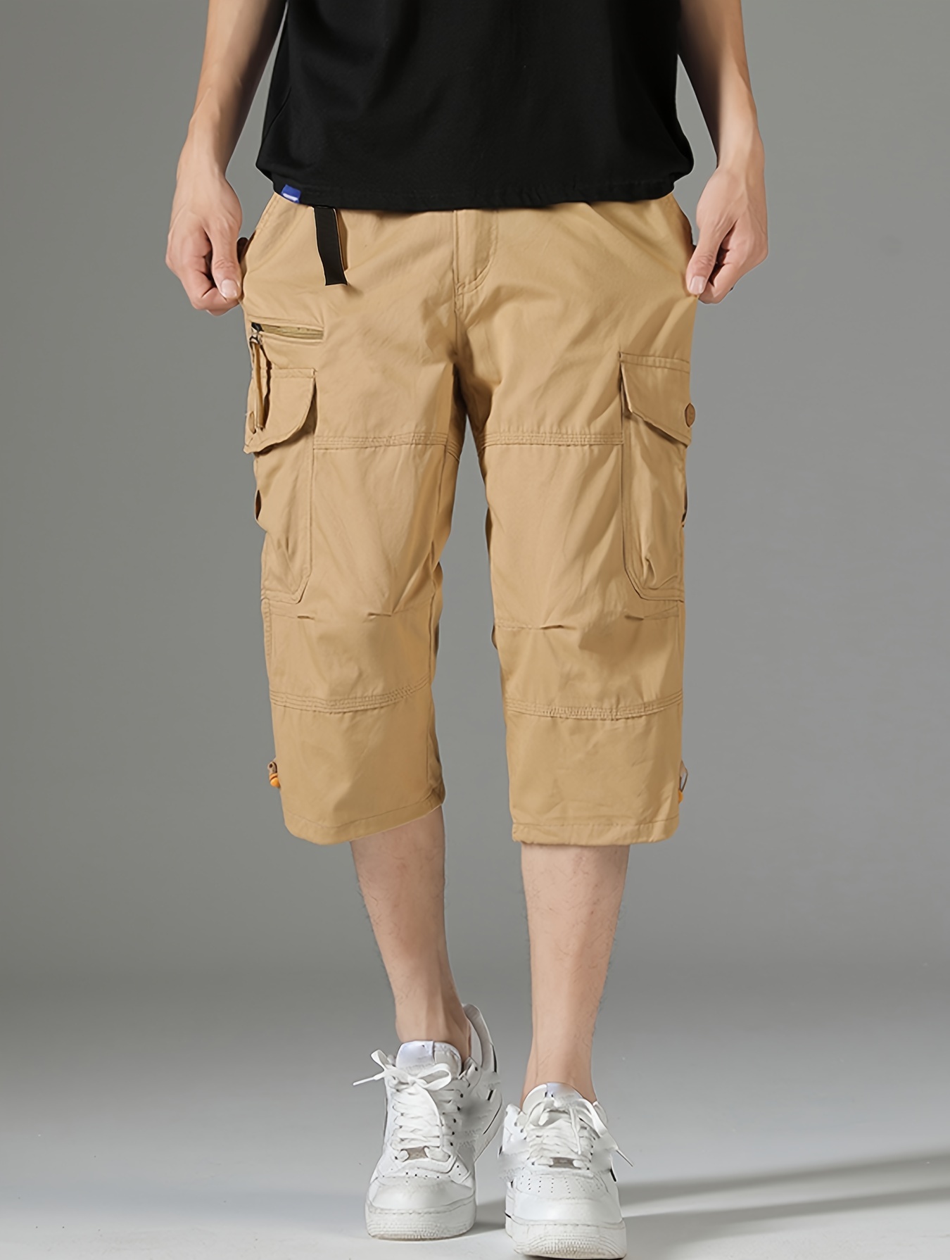 mens 3 4 length solid color non stretch cotton cargo shorts for summer outdoor wear details 3