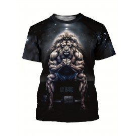 Novelty Lion Pattern 3D Printed Crew Neck Short Sleeve T-shirt For Men, Casual Summer T-Shirt For Daily Wear And Vacation Resorts