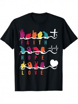 Elegant ASL Sign Language Faith Hope Love Print T-Shirt, 100% Cotton Crew Neck, Non-Stretch Knit Fabric, Regular Fit, for Adults, All-Season