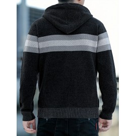 1pc Men'S Casual Color Block Chenille Hooded Knit Jacket - Polyester Long Sleeve Zip-Up with Slight Stretch, Regular Fit Hooded Sweater for Fall/Winter