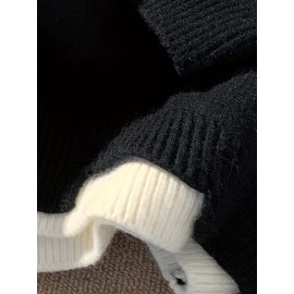 Men's Loose Color Block Cute Boy Graphic Print Fake Two-piece Knitted Pullover, Casual Long Sleeve Crew Neck Sweater For Fall