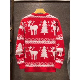1pc Festive Acrylic Christmas Sweater for Men and Women - Crew Neck, Long Sleeve, Regular Fit, Knit Fabric with Deer and Tree Patterns, Medium Stretch, Party Pullovers for Fall/Winter