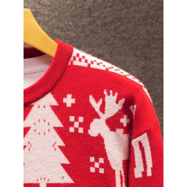 1pc Festive Acrylic Christmas Sweater for Men and Women - Crew Neck, Long Sleeve, Regular Fit, Knit Fabric with Deer and Tree Patterns, Medium Stretch, Party Pullovers for Fall/Winter