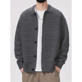 Men'S Fall/Winter Casual Rib-Knit Cardigan, Acrylic Blend, Preppy Style, Loose Fit, Relaxed Shoulder, Long Sleeve, Solid Color, Medium Stretch, Knit Fabric, with Lapel Collar and Open Front for Men