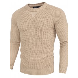 Men Waffle Textured Sweater Long Raglan Sleeve Crew Neck Ribbed Cuff Pullover