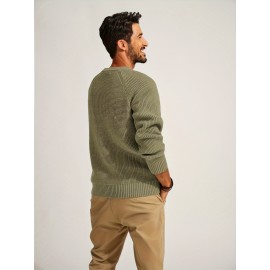 Men Waffle Textured Sweater Long Raglan Sleeve Crew Neck Ribbed Cuff Pullover