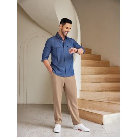 Men'S Casual Chino Pants, Rayon Blend, Non-Stretch, Solid Color, Regular Fit, with Button Detail, for All-Season Woven Flat Front Drawstring Trousers