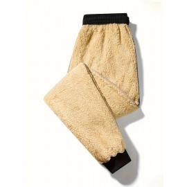 1pc Men'S Casual Mid Waist Sweatpants,  Fall/Winter Thick Fleece Lined, Solid Color Polyester Knit Fabric, Non-Stretch, Regular Fit Drawstring Waist, Weekend Comfort Warmth, No Belt - Polyester Fiber Filled
