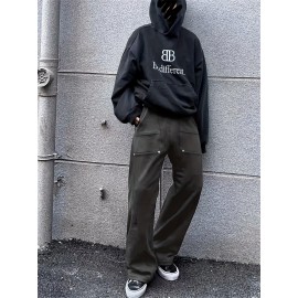 Men's Trendy Solid Color Street Style Loose Fit Pants, Comfy Casual Classic Cotton Trousers For Men's Outdoor Activities