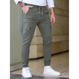 Men's Cotton Blend Label Decor Jogger Pants With Drawstrings, Casual Loose Fit Harem Trousers As Gift