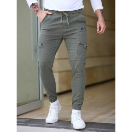 Men's Cotton Blend Label Decor Jogger Pants With Drawstrings, Casual Loose Fit Harem Trousers As Gift