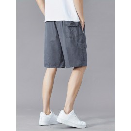 Casual Solid Men's Regular Fit Elastic Waist Cotton Cargo Shorts With Side Pockets For Summer Outdoor Leisure And Work