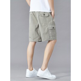 Casual Solid Men's Regular Fit Elastic Waist Cotton Cargo Shorts With Side Pockets For Summer Outdoor Leisure And Work