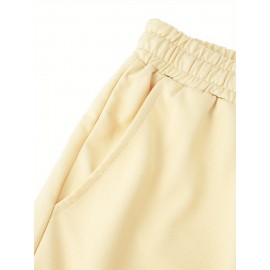 1pc Crane Emblem Casual Shorts, Polyester Knit Fabric with Slight Stretch, Regular Fit with Pockets, Alphabet Pattern - Comfortable Summer Wear