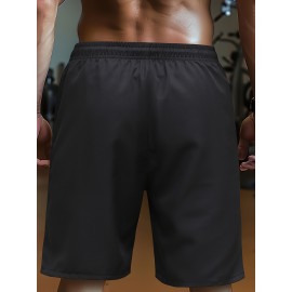 Men's Solid Shorts With Zipper Pockets, Casual Elastic Waist Drawstring Shorts For Summer