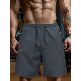 Men's Solid Shorts With Zipper Pockets, Casual Elastic Waist Drawstring Shorts For Summer