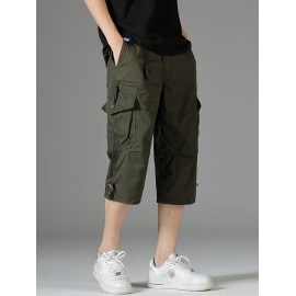 Men's 3/4 Length Solid Color Non Stretch Multi-Pocket Cotton Cargo Shorts For Summer Outdoor Wear